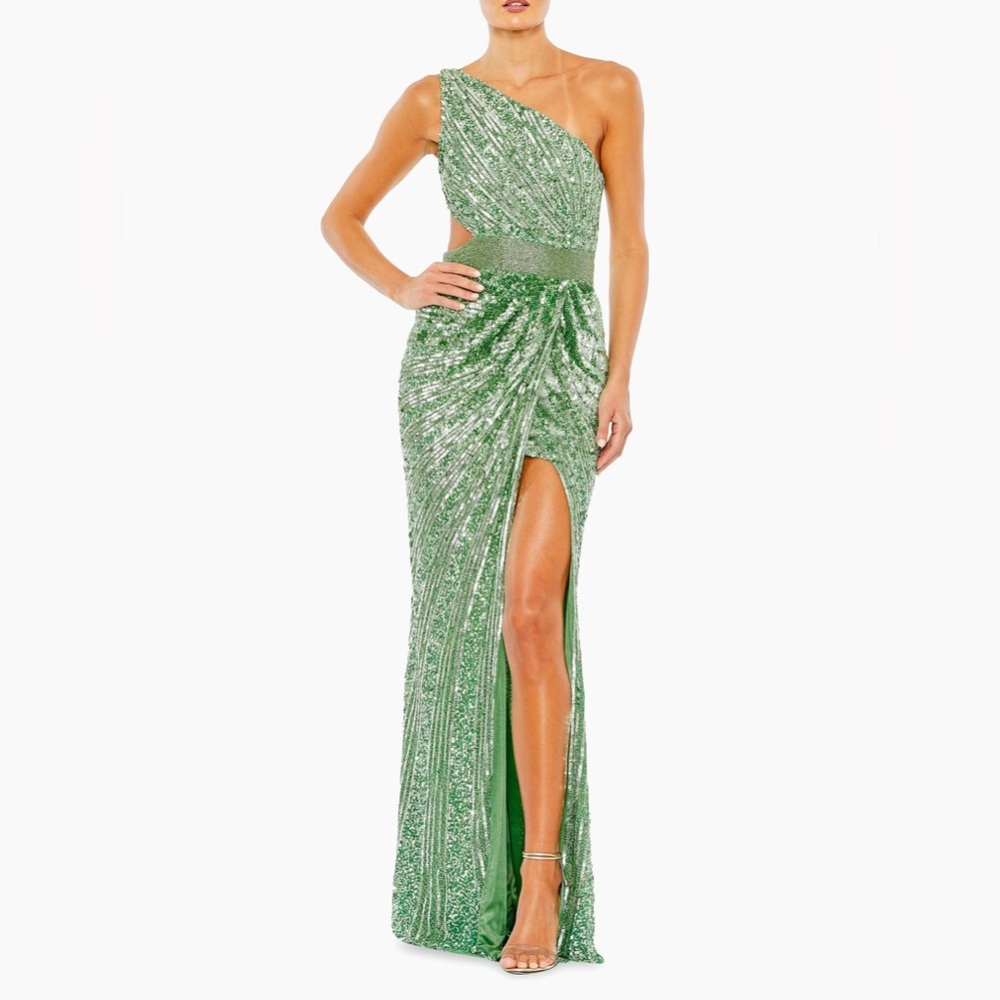 Mac Duggal 5687 Sage Green Sequin Beaded Lace-Up One Shoulder Gown Size 2 NWT